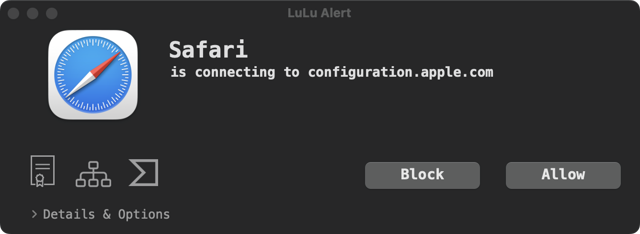 Official Mac alert example showing Safari connecting to configuration.apple.com; app and macOS versions are unspecified.