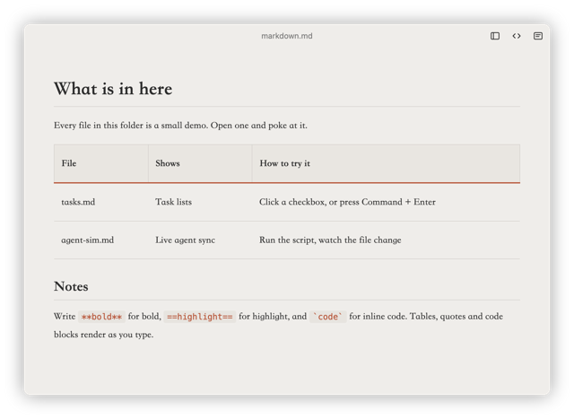 ColaMD — official Markdown table and inline code example