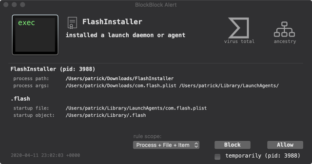 Официальное оповещение BlockBlock для macOS, показывающее недавно установленный элемент закрепления в системе.