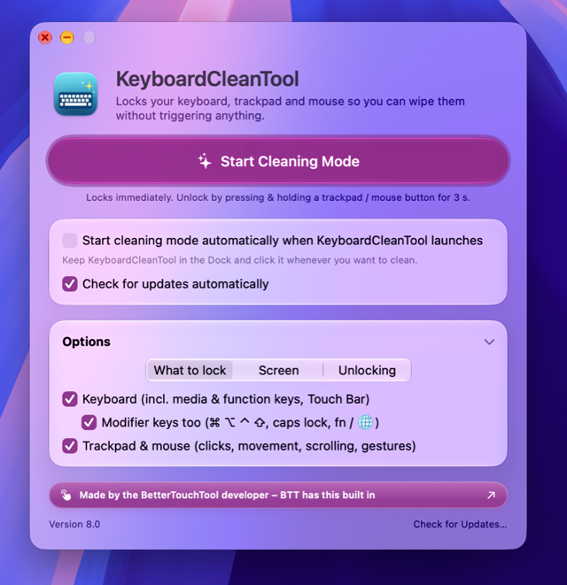 Official KeyboardCleanTool 8.0 interface showing cleaning options; not a screenshot of version 8.3.