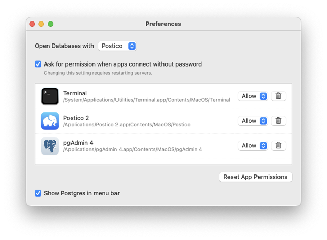 Official Postgres.app Preferences showing database client and connection permissions; exact build unspecified.