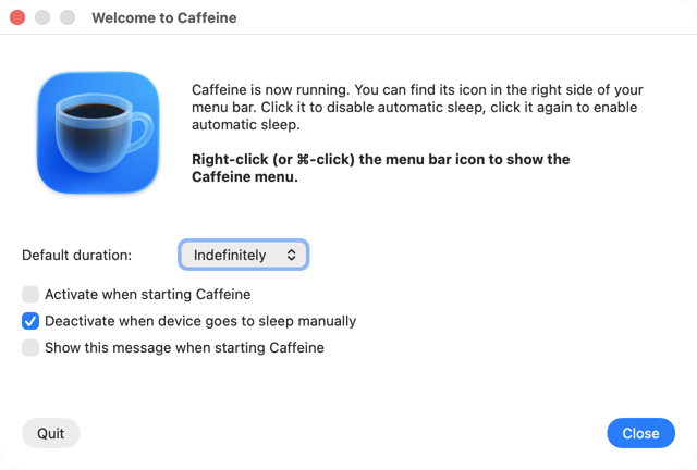 Официальное окно приветствия и настроек Caffeine для macOS