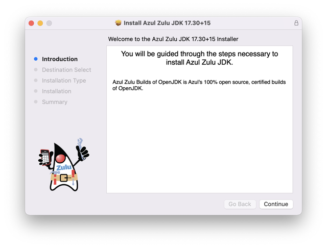Azul Zulu: ejemplo oficial histórico del instalador para macOS (JDK 17.30+15)