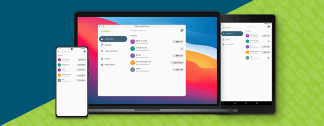 Composición histórica oficial de Yubico Authenticator con interfaces para Mac y móvil; versión no especificada.