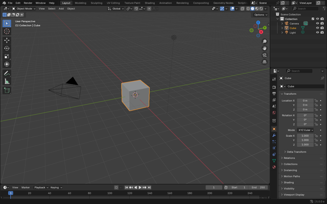 Официальное руководство Blender: рабочее пространство по умолчанию при запуске (кроссплатформенный интерфейс).