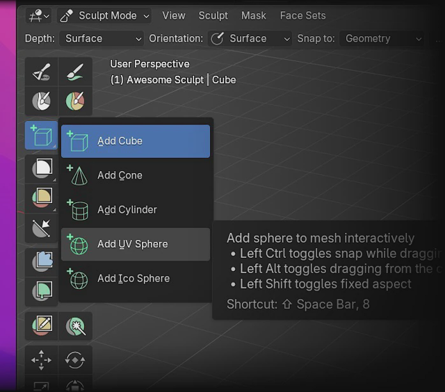Exemplo oficial do Blender 5.2: adicione primitivas de malha no modo Escultura; não é uma captura específica para Mac.