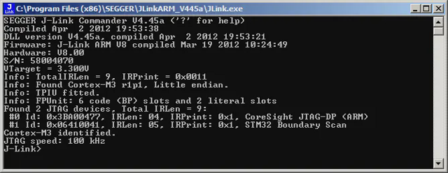 Official historical J-Link Commander V4.45a Windows capture; not macOS/9.x. Publisher demo serial visible.