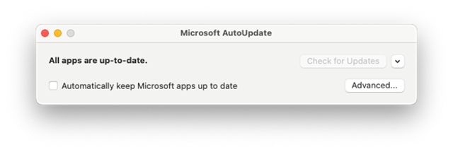 Microsoft Learn AutoUpdate 官方状态窗口，显示更新控件；未注明确切的 MAU 构建版本。