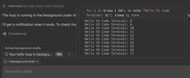 Ejemplo oficial de VS Code 1.141: supervisa un shell en segundo plano y transmite su salida junto a una conversación con un agente.