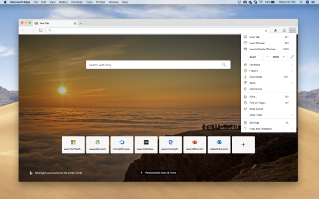 Microsoft Edge Canary: official Mac preview announcement, May 2019; historical light-theme example