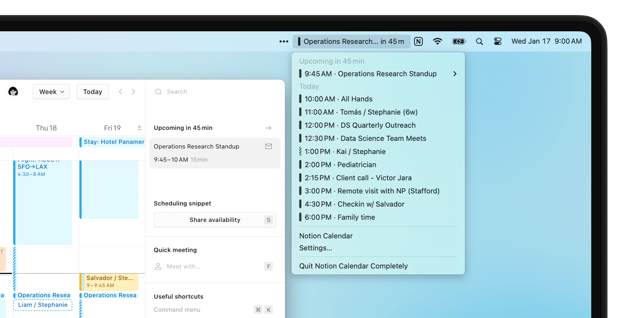 Official Notion Calendar Mac menu-bar meeting view from the product page.