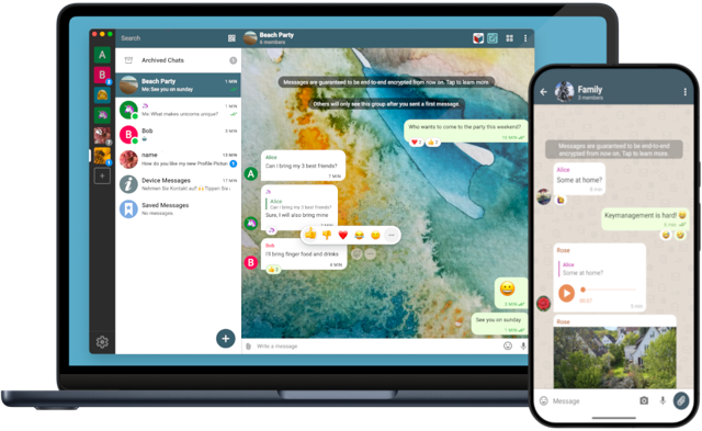 Official desktop and mobile preview showing conversations and messages.