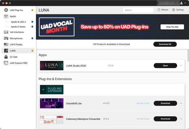 UA Connect on macOS, LUNA products tab — screenshot from official Universal Audio documentation