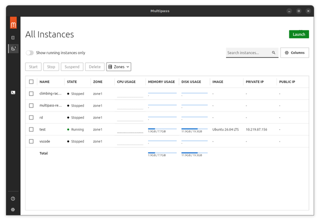 Official Linux GUI documentation screenshot of Multipass instance management; Mac window appearance differs.