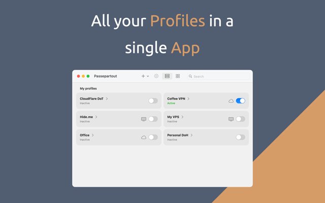 Official macOS store preview showing example connection profiles and switches.