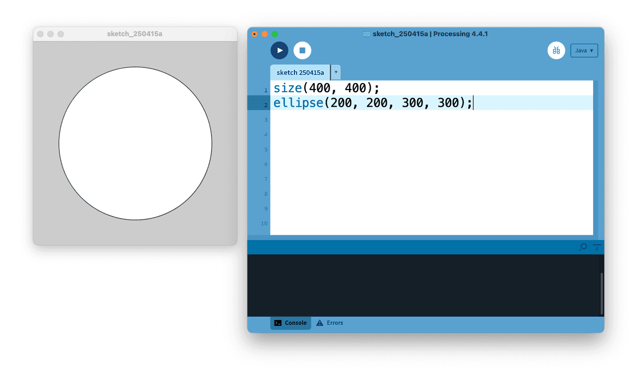 Processing 4.4.1 for Mac — official tutorial editor and circle sketch example