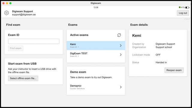 Mac exam selection — Digiexam 14.0.3 example from official documentation