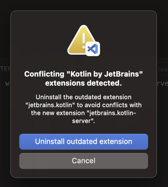 Official Kotlin VS Code extension conflict dialog; integration, not standalone Mac GUI. Exact version unknown.