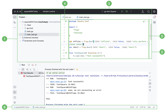 Official GoLand macOS interface guide with annotated project, editor and test views.