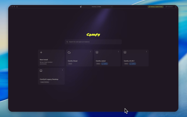 Official Mac promotional dashboard, labeled Desktop 2.0 Beta; shows multiple ComfyUI installations.