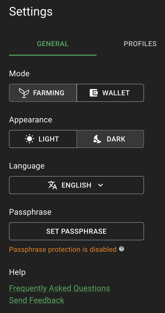 Official settings panel: farming/wallet mode, appearance and language. Platform and version unspecified.