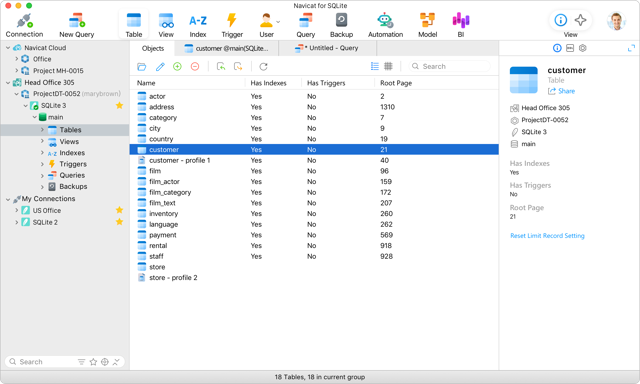 Navicat for SQLite for Mac — official main interface example