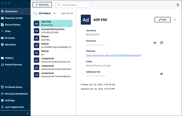 Official desktop documentation preview showing folders and a password item.