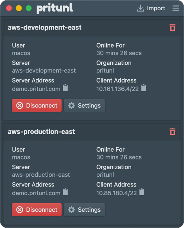 Official Pritunl Client macOS connection interface