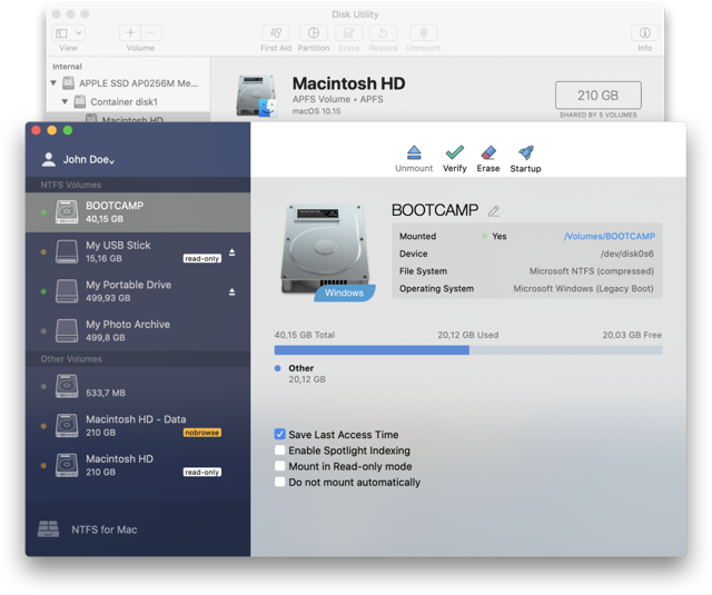 Official NTFS for Mac interface showing BOOTCAMP volume details and mounting options.