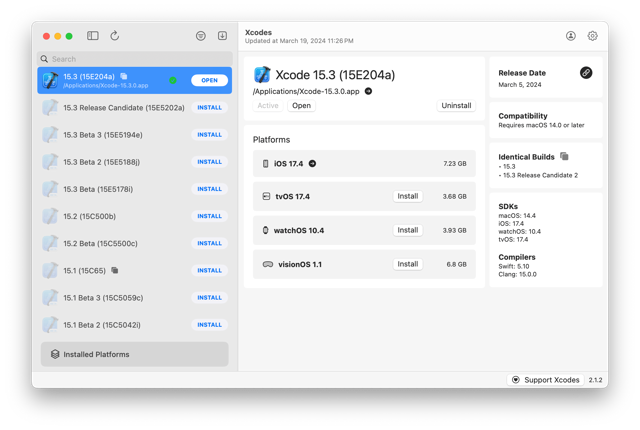 Xcodes 2.1.2 が Xcode 15.3 を管理している 2024年3月の公式な Mac の歴史的スクリーンショットです。現在の 4.1.1 のキャプチャではありません。
