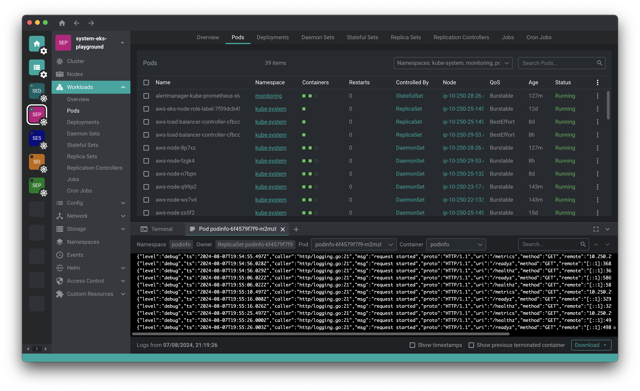 Official historical Mac workload and pod-log preview with illustrative cluster data; not an exact 1.10.3 capture.