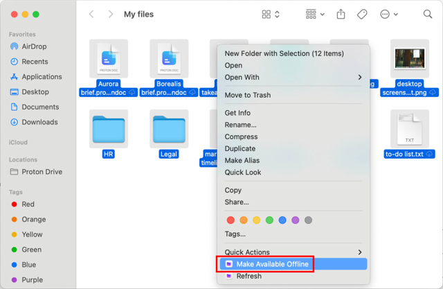 Captura de pantalla de la guía oficial de Proton Drive para macOS que ilustra la disponibilidad de archivos en Finder; no se ha verificado que corresponda a la compilación más reciente.
