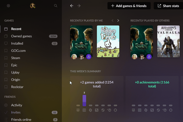 Juegos recientes y actividad de GOG GALAXY: fotograma de la demostración oficial de soporte