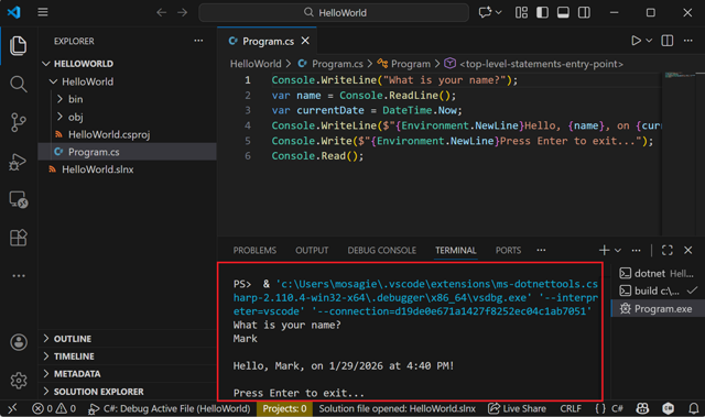 Tutorial de VS Code en Microsoft Windows: proyecto de consola en C# y terminal; flujo de trabajo complementario del SDK, no la interfaz de Mac SDK 9.0.318.