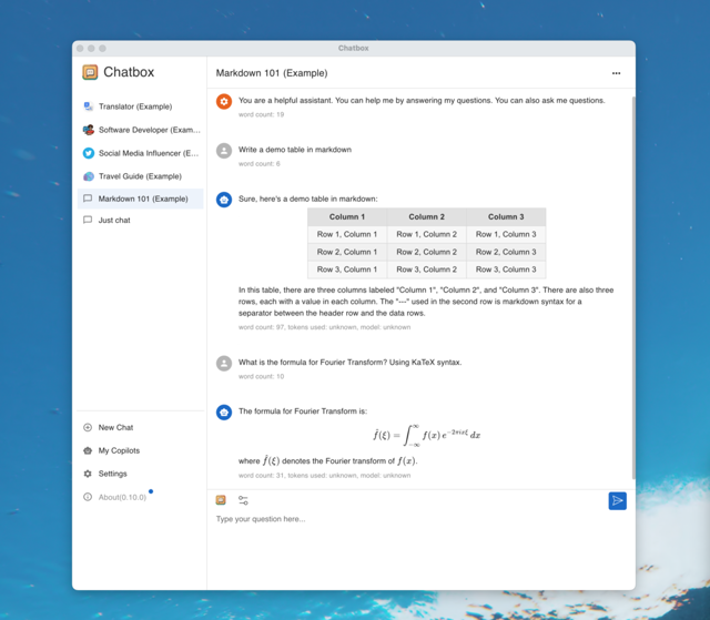 Official Chatbox Community Edition light-theme screenshot showing historical 0.10.0; not the current 1.23.5 interface.