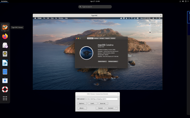 過去の公式例: Linux TigerVNC Viewer が macOS Catalina に接続します。現在の Mac ビューアインターフェースではありません。