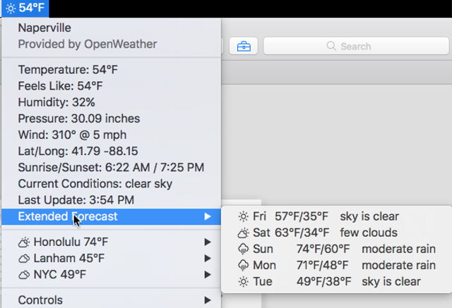 Meteorologist for Mac — official weather menu example