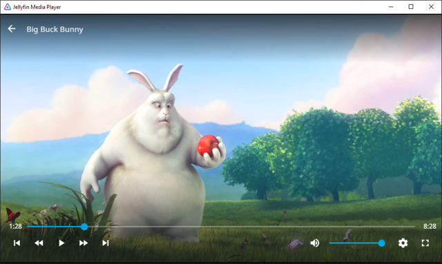 Captura de pantalla oficial histórica de la reproducción en Jellyfin Media Player para Windows, enlazada desde su README; no es una captura de Mac.