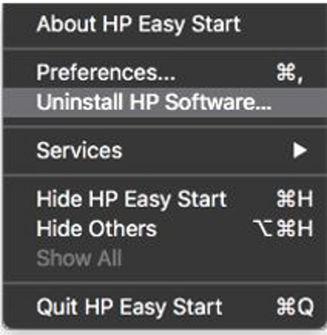 HP Easy Start Mac app menu: official support screenshot with Uninstall HP Software selected