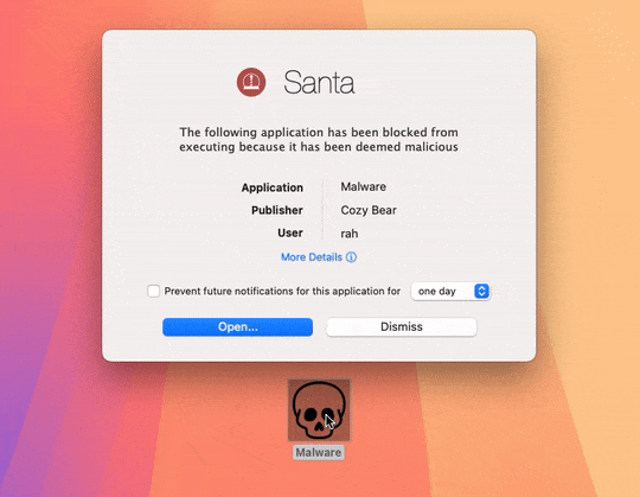 Santa for Mac — application-blocking notification from the official demo