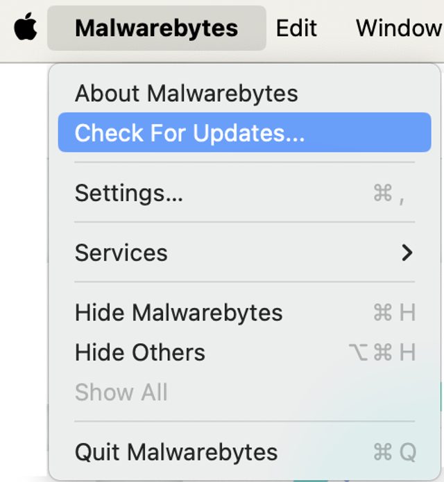 Malwarebytes Mac 的“检查更新”菜单，来自官方帮助文档。