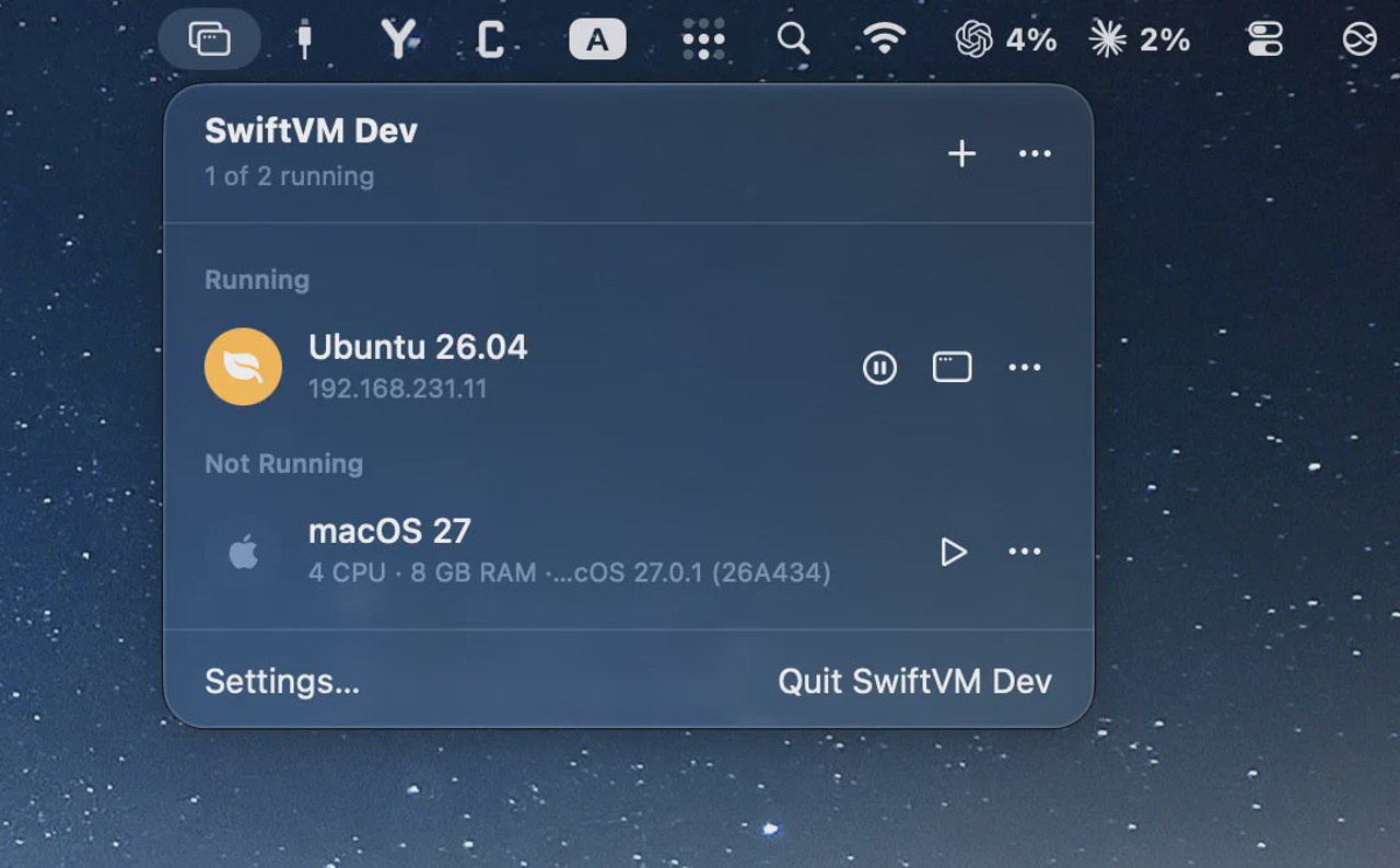 Панель SwiftVM Dev в строке меню с работающей ВМ Ubuntu и остановленной ВМ macOS