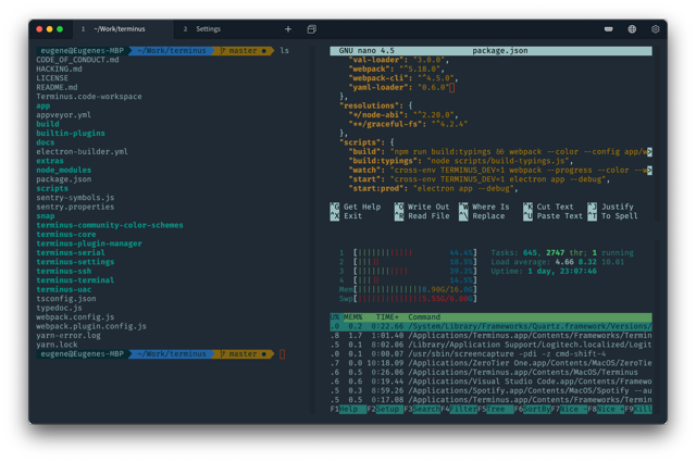 Official Mac split-terminal example with Terminus-era UI; not asserted to show the current 1.0.238 build.