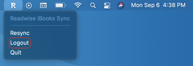 Readwise iBooks Sync の Mac メニュー：旧版公式ガイドの画面。Logout の元の注釈を含む