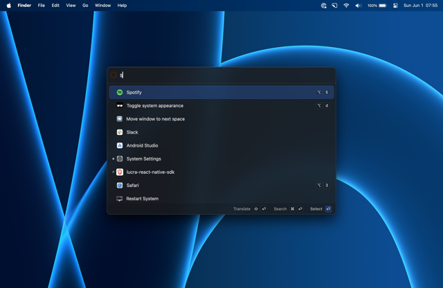 Sol launcher search and commands on macOS, from the official project website.