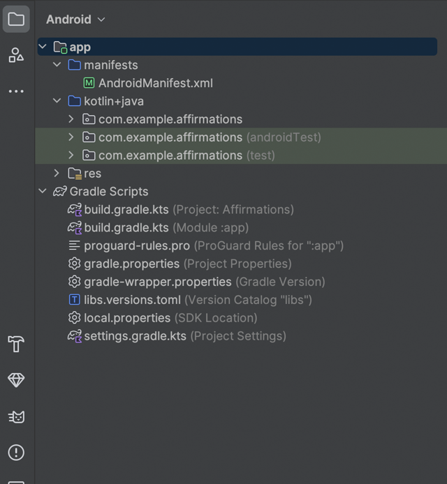 Фрагмент панели проекта из общего официального руководства Android Studio со структурой примера