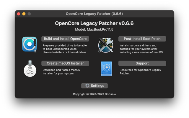 Menú principal de OpenCore Legacy Patcher 0.6.6.