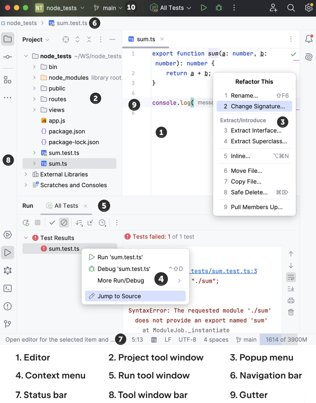 Official annotated WebStorm macOS workspace with TypeScript editor, refactoring and test results.