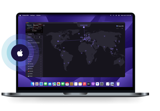 Imagem promocional histórica oficial do Mac mostrando uma conexão Secure Core; a versão da interface não é especificada.