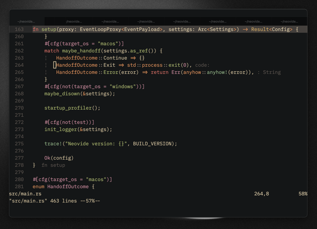 Neovide 0.16.0の公式スクリーンショット：macOSのネイティブなシステムタブ。